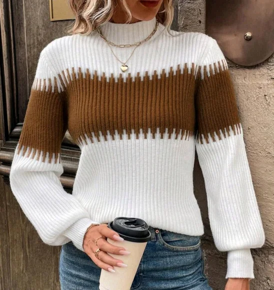 Turtleneck Lantern Sleeve Color Block Patchwork Casual Work Wear Sweater - Picture 3 of 4